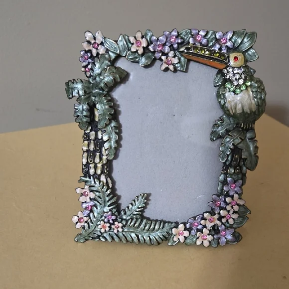Floral Crystal and Enamel Toucan Picture Frame - Multicolor 3.75 x 5 Inches