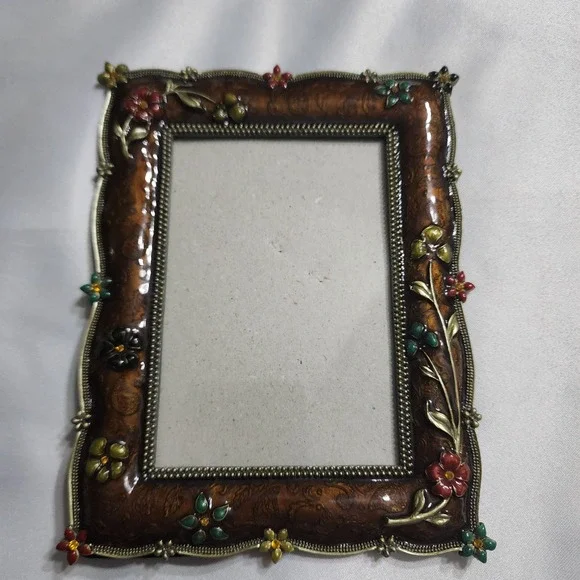 Vintage Style Brown Enamel Floral 3.5x5 Picture Frame 3D Flowers Paisley Design