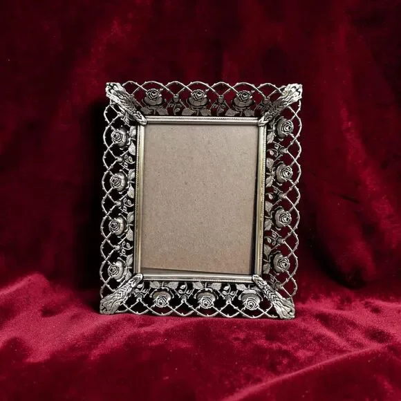 Vtg Filigree Antique Style Silver Rose Picture Frame Ornate Openwork Lattice