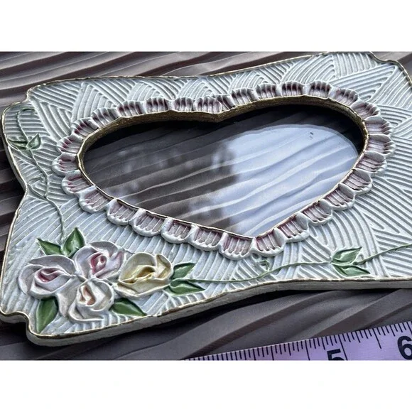 Vintage Hand Painted Ceramic Rose Picture Frame Cottage Shabby Chic