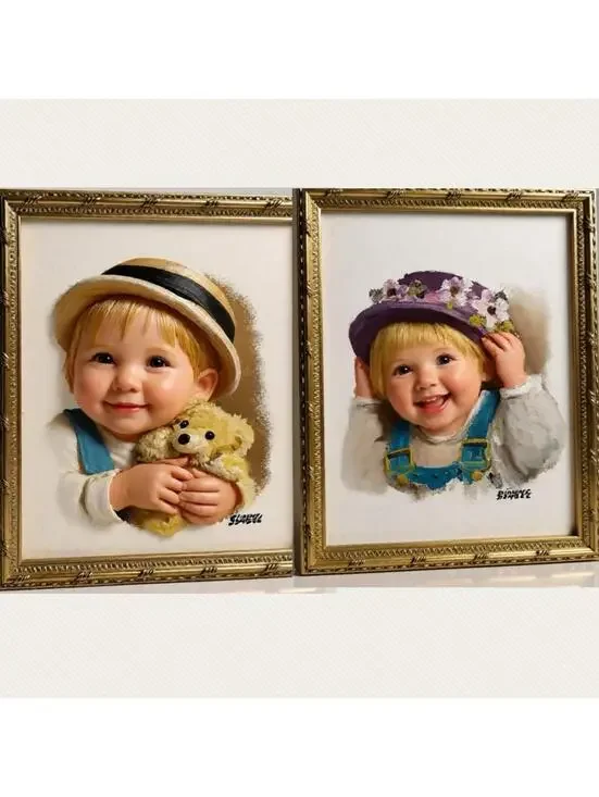 Charming Pair of Vintage Child Portrait Paintings in Gold Frames