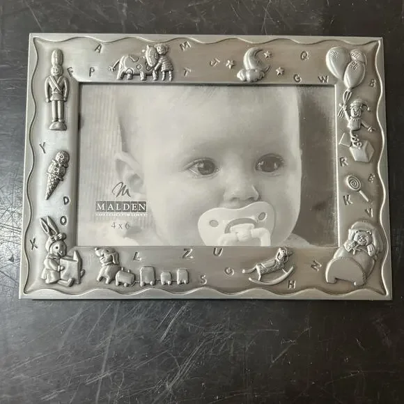 Malden Baby Pewter Picture Frame 4x6 Alphabet & Toy Motif – VGC
