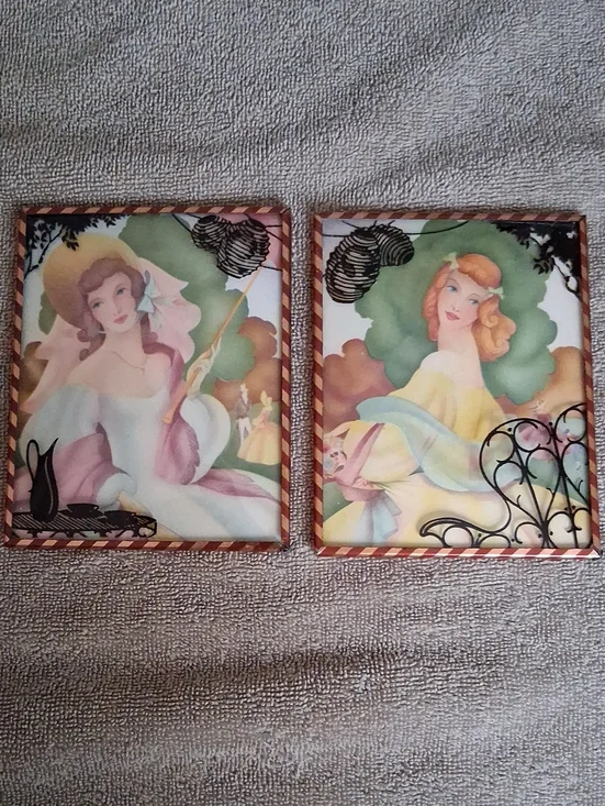Vintage Style bubble Glass Lady Portrait Wall Art Set - Pink & Yellow