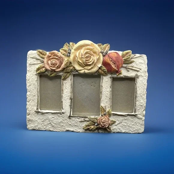 Figi Photo 3 Picture Frame‎ White w/ Roses Decorative Collectible Photo Frame
