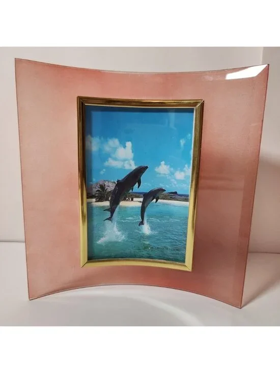 Vintage Curved Glass Picture Frame 4x6 Frosted‎ Peach Pink Gold Trim Modern Art
