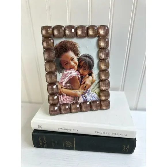 Vintage Beveled Shimmer Wood Beads Knobs Boho Decor Photo Frame 7.5