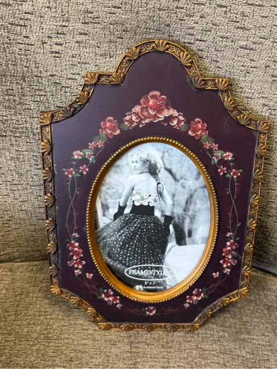 Vintage Painted Floral and Ornate Gold Trim Heavy Picture Frame.