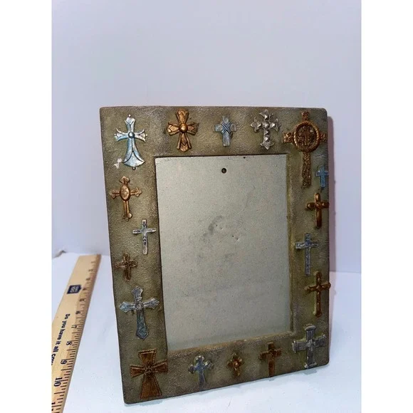 Rustic Religious Cross Photo Frame 4x6 Tabletop Decor Gold Silver Bronze Accents