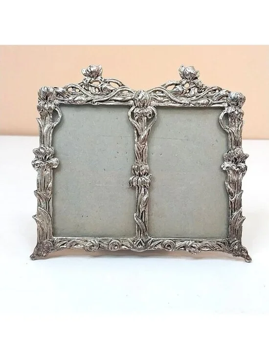 Vintage Pewter Double Picture Frame Ornate Floral Art Nouveau Fits 2