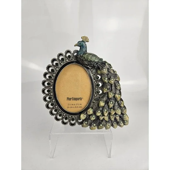 Pier1 Imports Peacock Figural Enamel Rhinestone Photo Frame Oval 2.5x3.5 Jeweled
