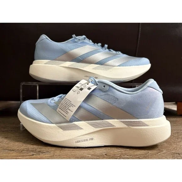 Adidas Adizero Evo SL Running Shoe Glow Blue Silver Womens Sz 12 JS4453