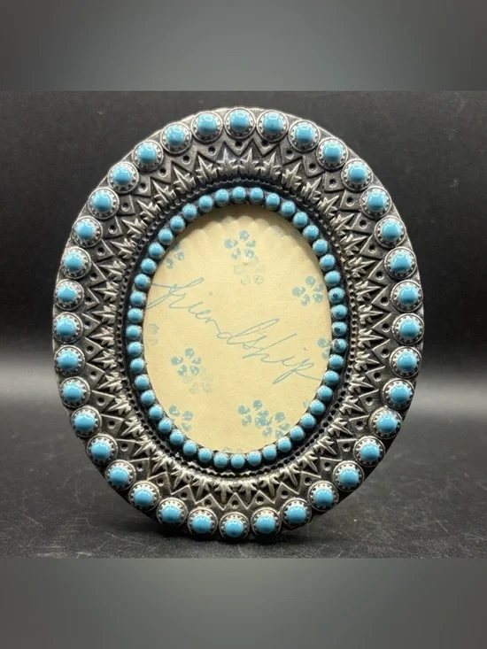 Vintage Turquoise Enamel Silver Tone Metal Oval Photo Frame with Kickback Stand