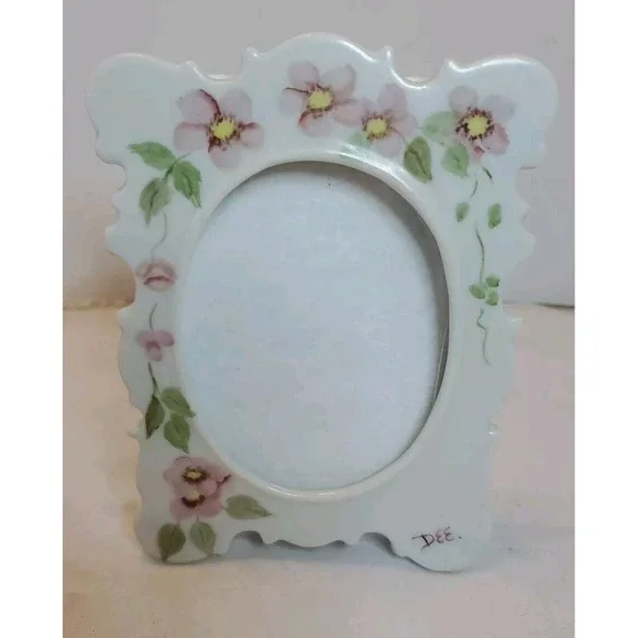 Vintage Porcelain Photo Frame Oval Center Hand‎ Painted Flowers Signed By 