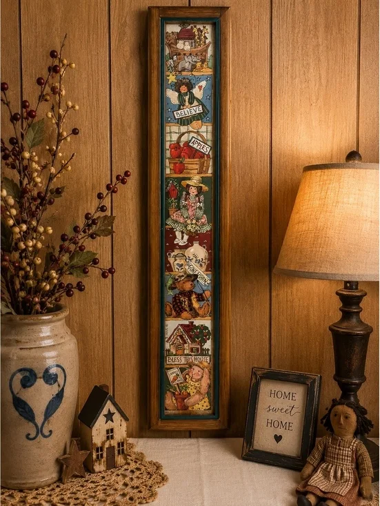 Vintage Country Folk Art Wall Hanging Framed Seasonal Sampler 23.5x4.5