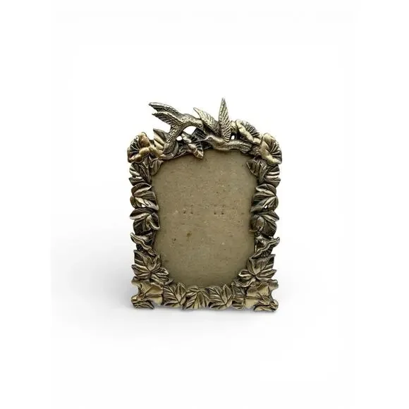 Vtg Pewter Small Picture Frame ~ 5”x3.5” Hummingbirds‎ Floral Leaves EUC