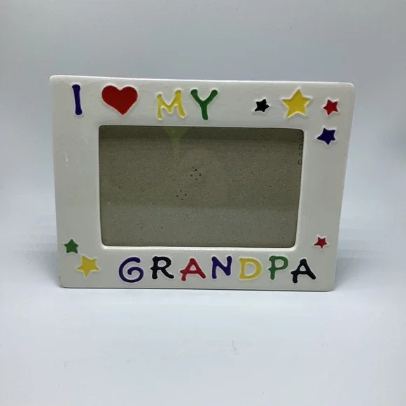 Vintage I Love My Grandpa Ceramic‎ Picture Frame w/ Stars Crackle Glaze Finish