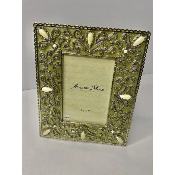 Ashleigh Manor Picture Photo Frame Jeweled Green Enamel Easel Back 3.5x5” Pewter