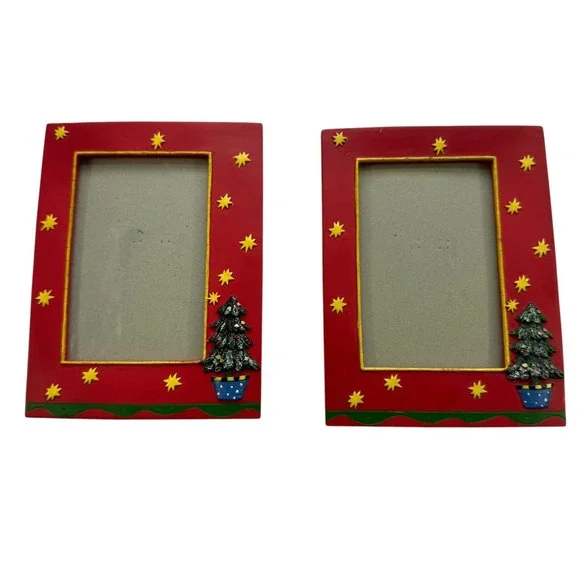 Christmas Tree Star Red Picture Frame Set of 2 4x6 Festive Holiday Decor Vintage