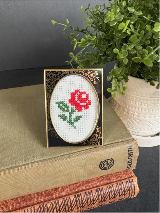 Tiny Mini Framed Cross Stitched Red Rose Trinket Shelf Vintage Style Decor
