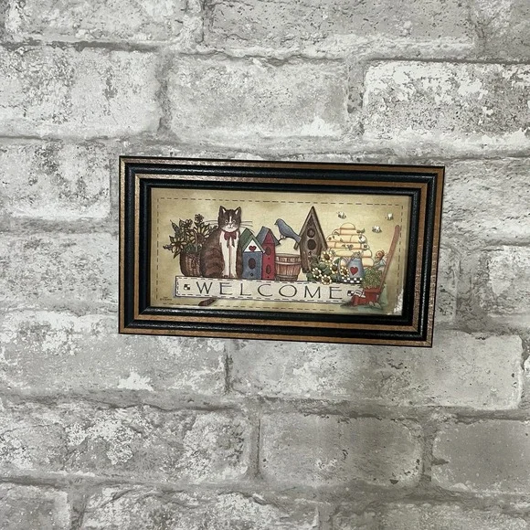 Vintage Primitive Country Folk Art Framed Welcome Cat Bees Garden Bird