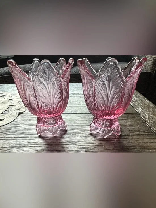 Pink Pressed Glass Tulip Votive Holders