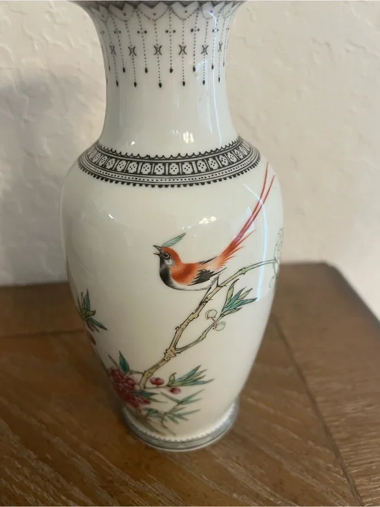 Porcelain Bird Motif Vase - White with Orange & Green Accents
