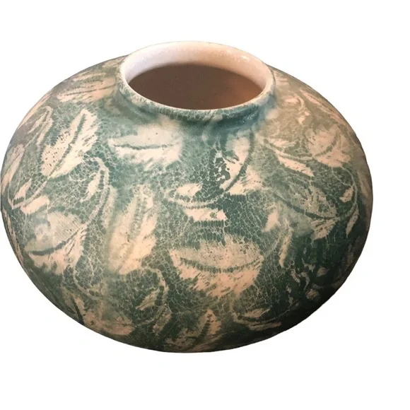 VTG W Germany Foliate Pottery Squatty Vase Teal White Summer Flowers