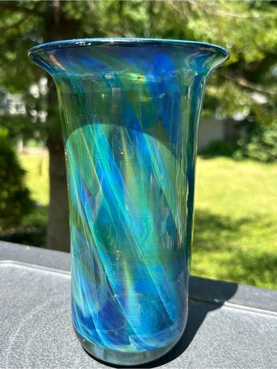 Vintage Vase Handblown Blue-Green Iridescent Art Glass 9 Inch