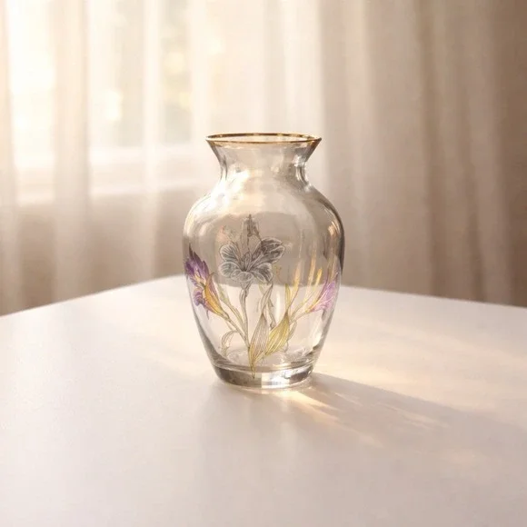 Vintage‎ Cristal d'Arques France Crystal Vase Floral Gold Rim 5