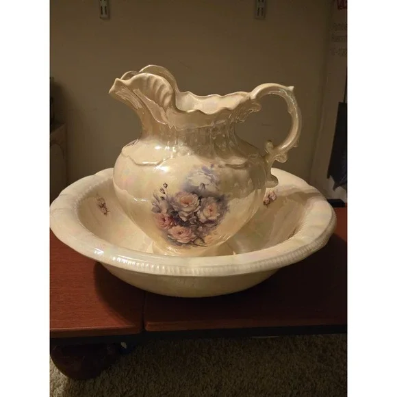 Vintage‎ Iridescent Lusterware Pitcher and Wash Basin Set Floral Rose Ceramic