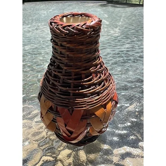 Vintage Brown Woven Basket Bud Vase with Ceramic Insert Boho Decor 4