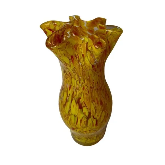 Murano Art Glass Vase Ruffled Edge Hourglass Yellow Orange 8