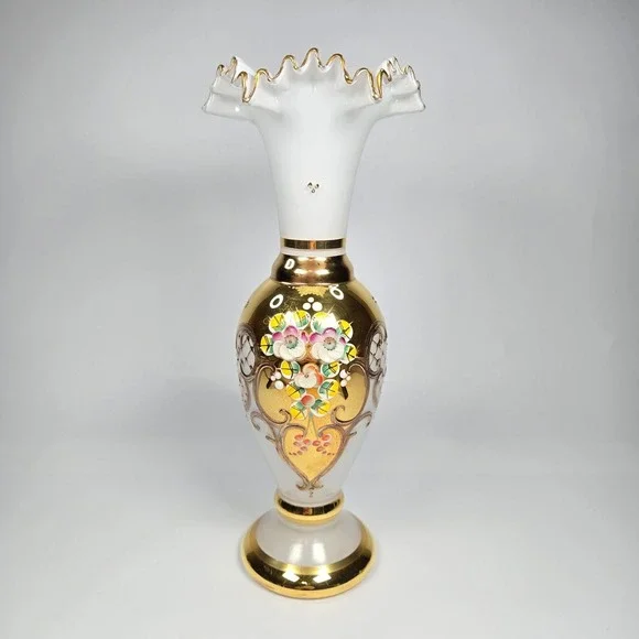 Vintage Bohemian Czech Gold Gilt Raised Enamel Hand-painted Vase Urn Ruffled 10
