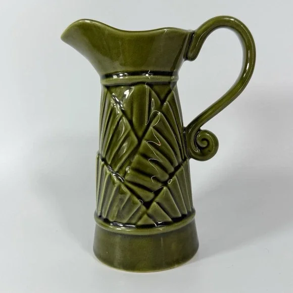 Mid Century Modern MCM Pitcher Vintage Avocado Green Geometric Ceramic 1970s‎