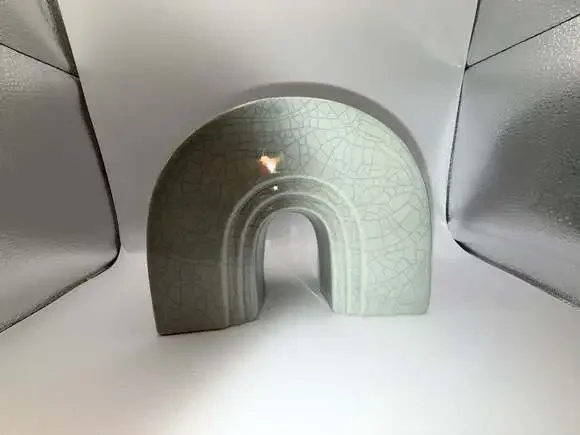 Vintage Celadon Crackle Glaze Ceramic Arch Vase or Sculptural Planter