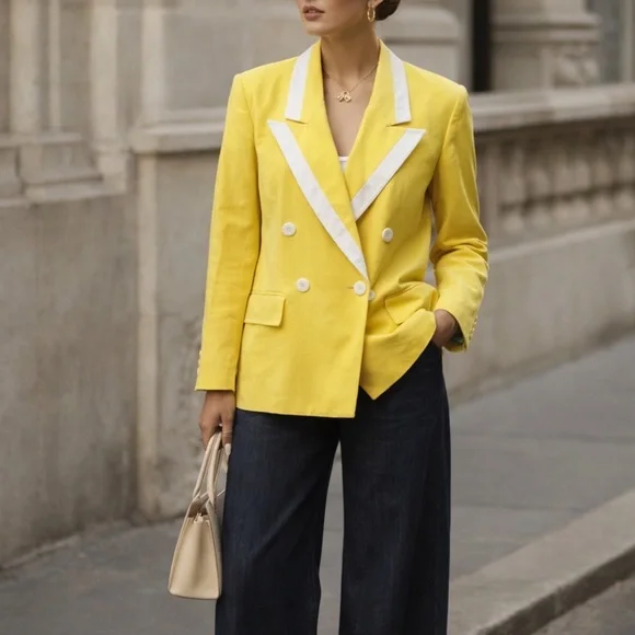 CHRISTIAN DIOR VINTAGE 90s Double Breasted‎ Yellow Contrast Lapel Power Blazer