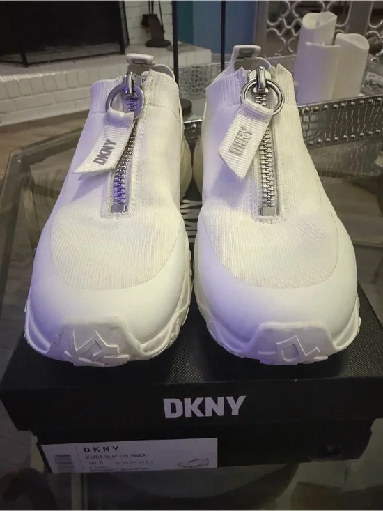 DKNY White Front-Zip Knit Slip-On Sneakers