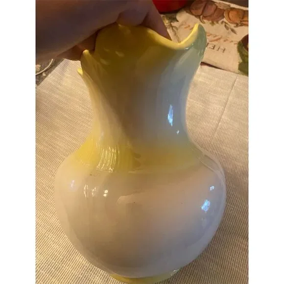 Vintage Yellow Ceramic Vase with Ruffled Top & Stylish Handle