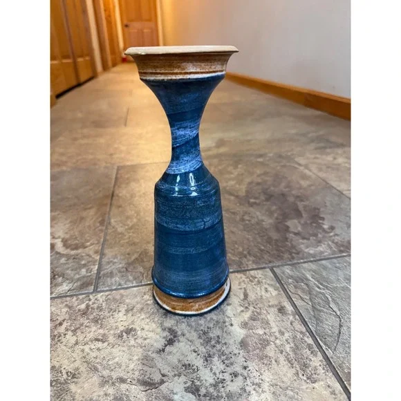 Studio Pottery Hand Thrown Blue Brown Glaze Hourglass Vase Signed WC Artisan