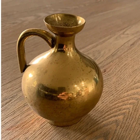 Vintage Brass Bud Vase Small Round Pitcher Handle Gold Decor Made in India 4.5in