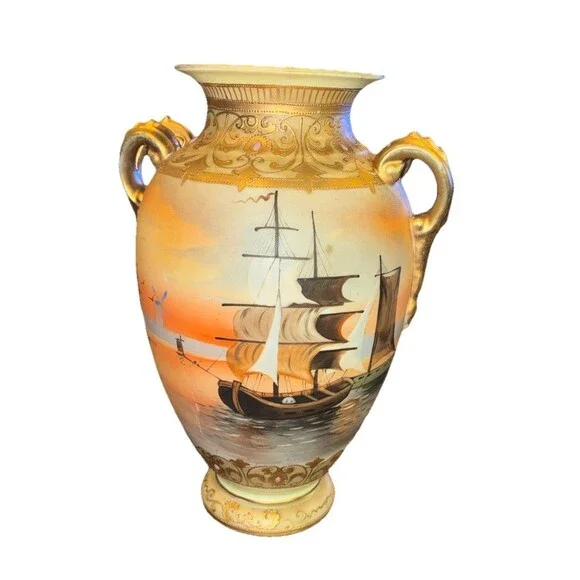 Vtg Antique Nippon Moriage Hand Painted Porcelain Vase Sailboat Windmill Sunset