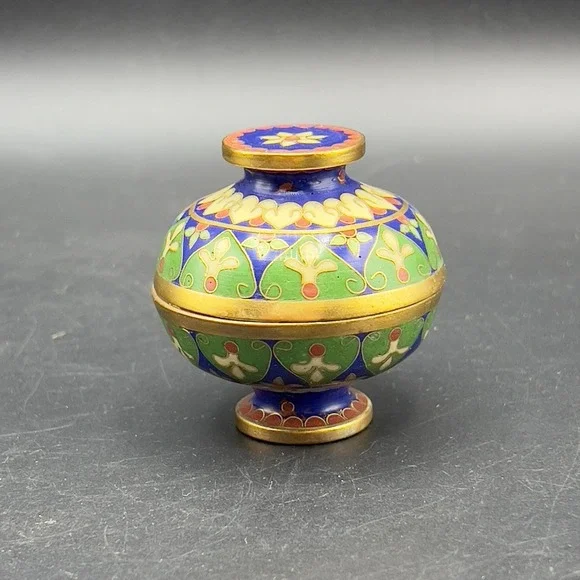 Brass Cloisonne Urn Vase Dish Compote with Lid Floral Design 2