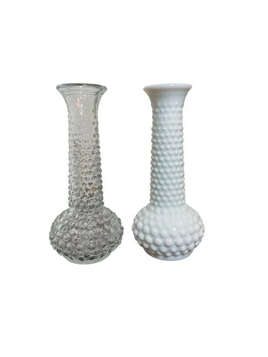 Vintage EO Brody Bud Vases - Set!  Clear Glass and Milk Glass Hobnail pattern