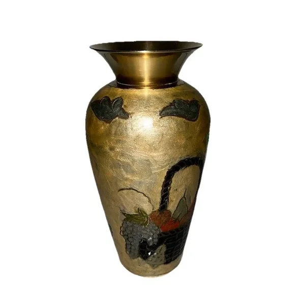 (.4.N)Vintage Enameled Brass Hand Painted Flower Motif Vase, Made in India 4.5