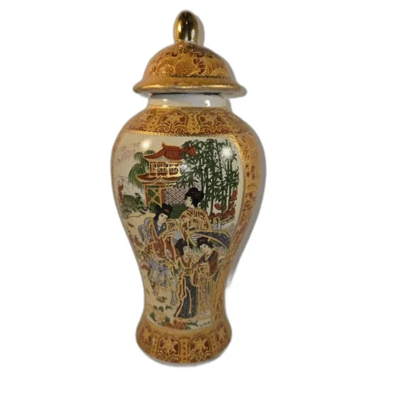 Vintage Japanese Oriental Temple Jar Ginger Jar Geisha 10 Inches