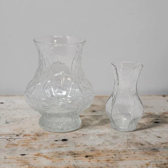Vintage Crinkle Glass Vase Pair Clear MCM Pedestal Florist Vases Set of 2