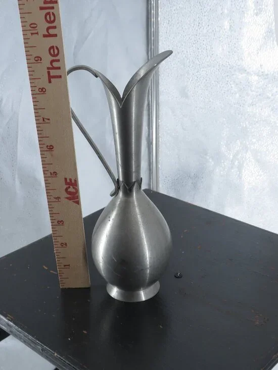 Haugrud Norway Pewter Ewer Pitcher Vase Silver 9 Inch Mid Century Nordic Decor
