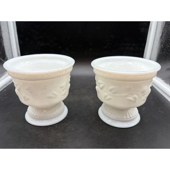Vntg White Milk Glass Pedestal Planters Leaf Vine Embossed Set of 2 Mid Century