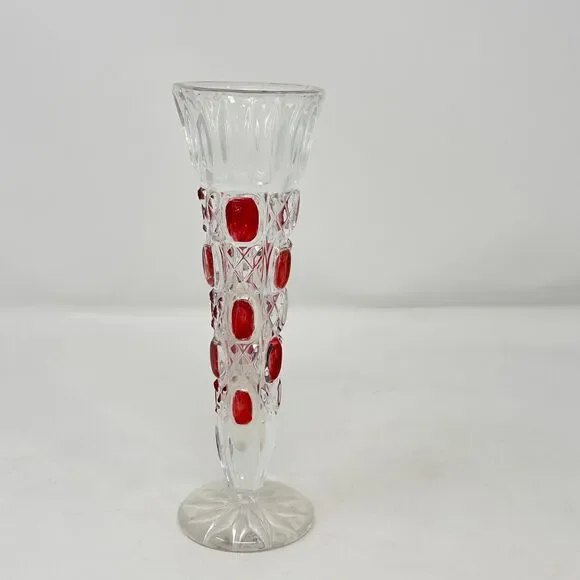 Vintage Lead Crystal Clear Bud Vase Ruby Red Flash Cut Glass Germany 8