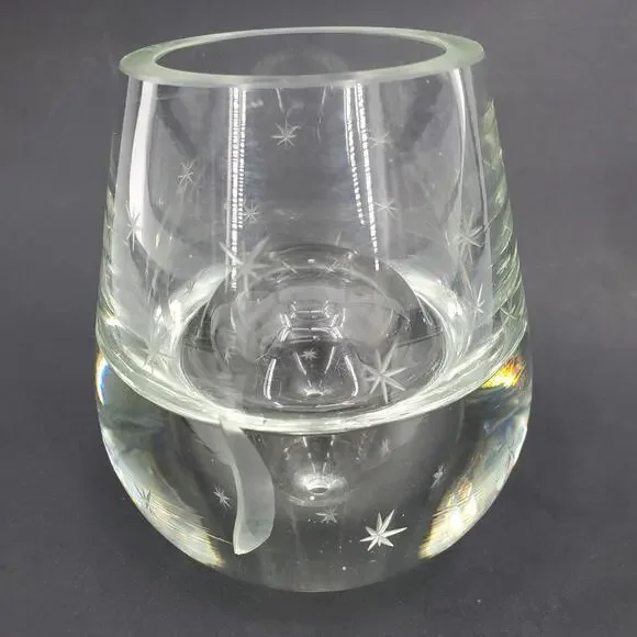 Blown Crystal Moon & Stars Etched Clear Bubbble Art Glass Vase MCM Poland 2 Side